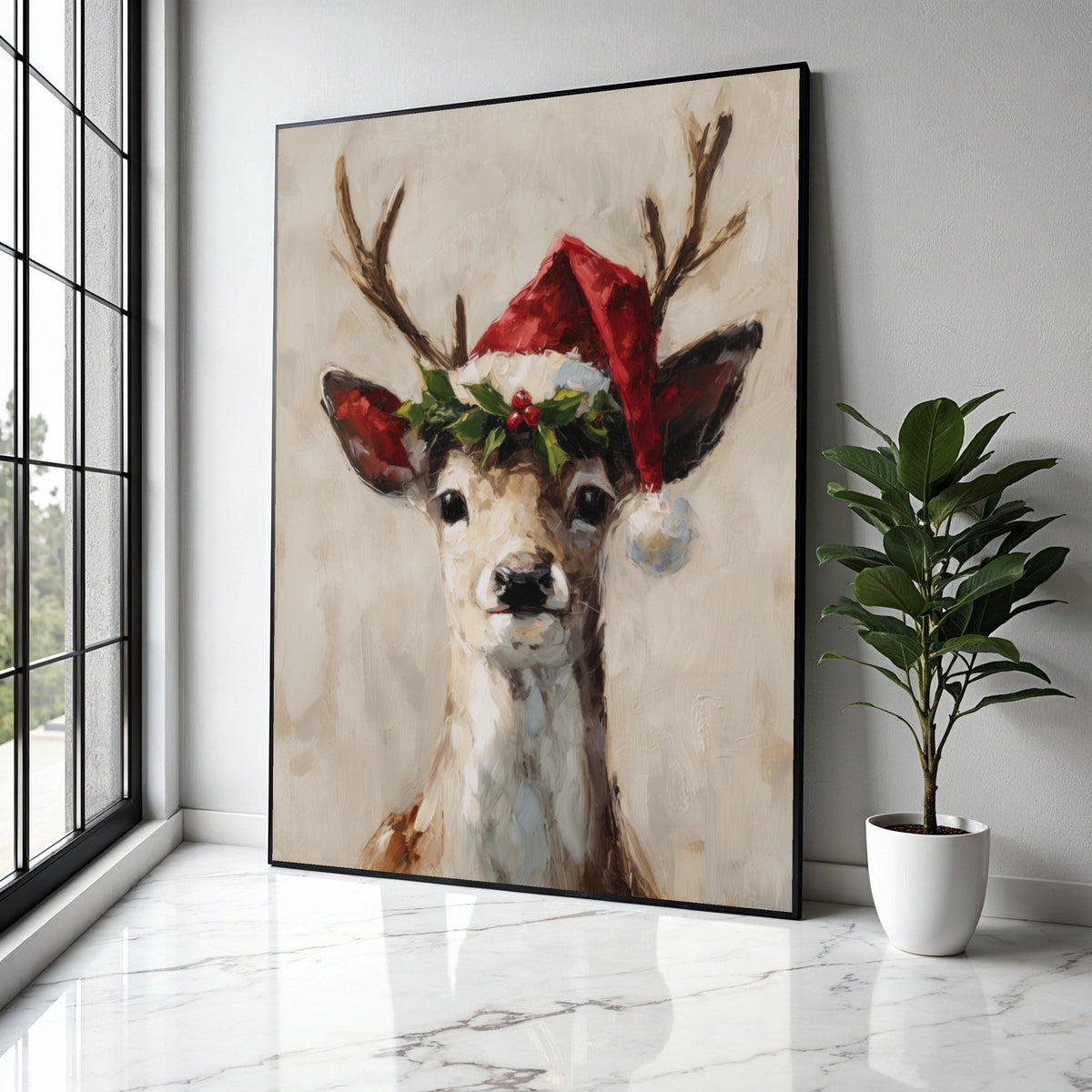 Festive Reindeer Portrait Canvas, Christmas Wall Art, Santa Hat Deer Painting, Holiday Home Decoration, Seasonal Gift Art, Home Decor, Print