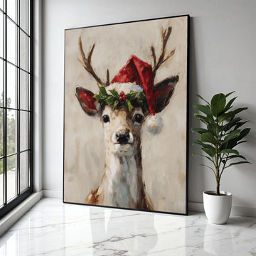 Festive Reindeer Portrait Canvas, Christmas Wall Art, Santa Hat Deer Painting, Holiday Home Decoration, Seasonal Gift Art, Home Decor, Print