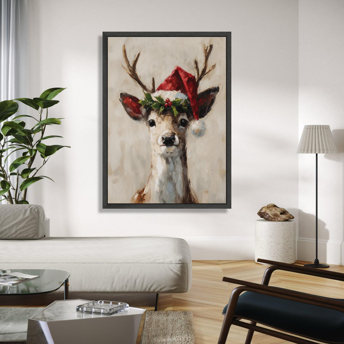 Festive Reindeer Portrait Canvas, Christmas Wall Art, Santa Hat Deer Painting, Holiday Home Decoration, Seasonal Gift Art, Home Decor, Print