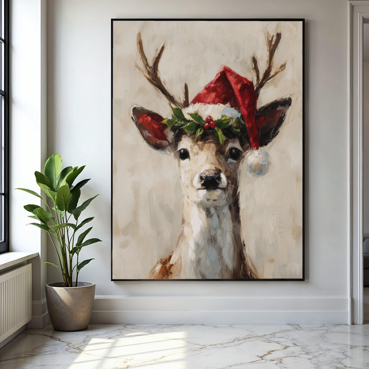 Festive Reindeer Portrait Canvas, Christmas Wall Art, Santa Hat Deer Painting, Holiday Home Decoration, Seasonal Gift Art, Home Decor, Print