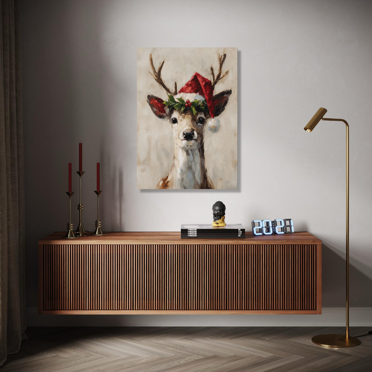Festive Reindeer Portrait Canvas, Christmas Wall Art, Santa Hat Deer Painting, Holiday Home Decoration, Seasonal Gift Art, Home Decor, Print