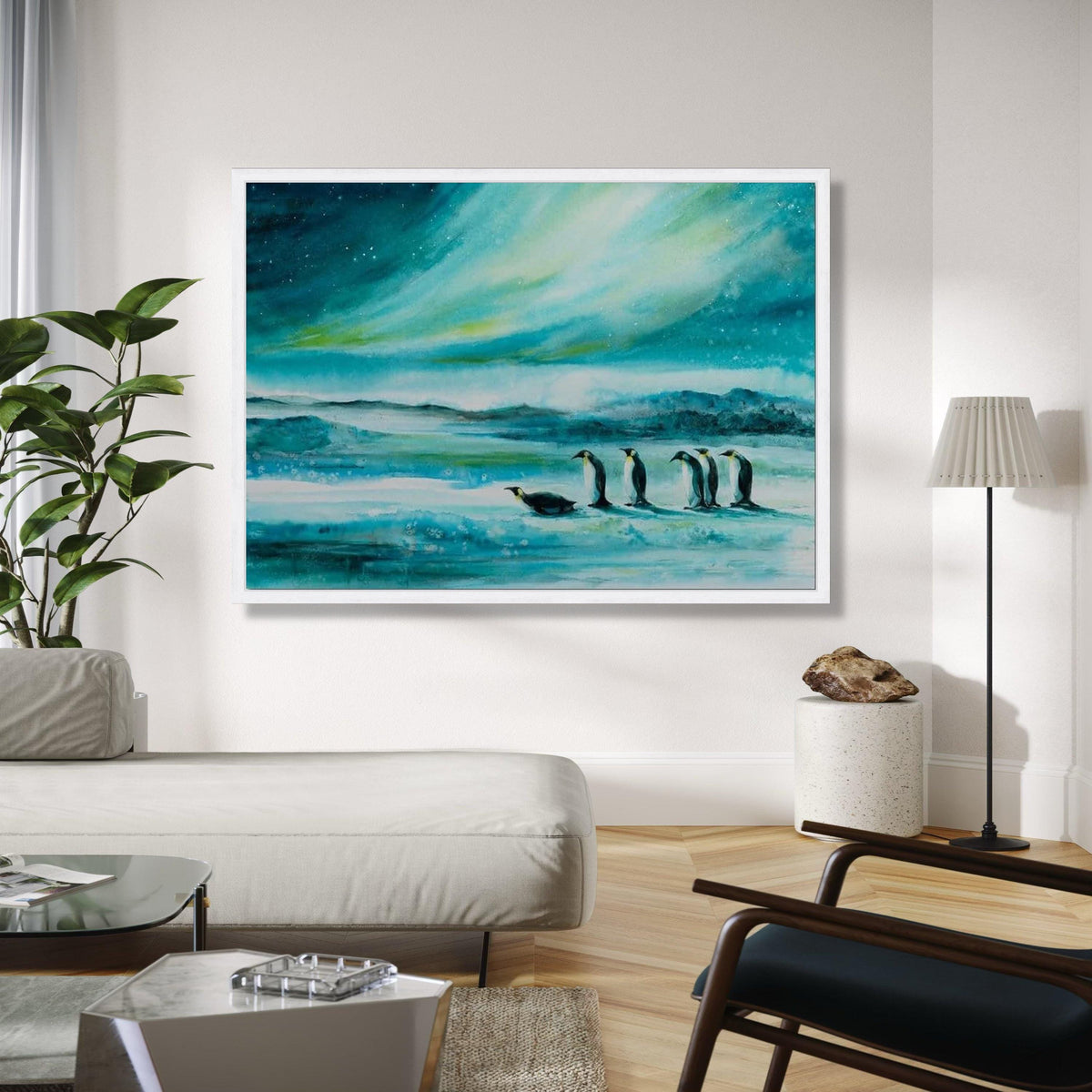 Arctic Penguin Scene Canvas, Northern Lights Wall Art, Winter Landscape Painting, Nature Wildlife Canvas, Home Gift Art, Home Decor, Print