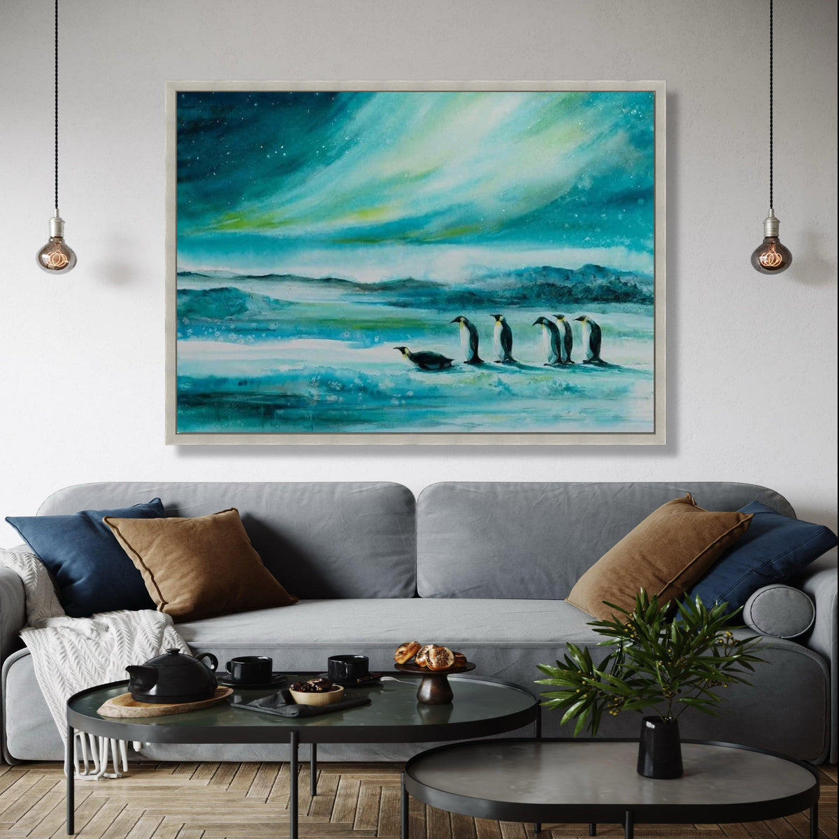 Arctic Penguin Scene Canvas, Northern Lights Wall Art, Winter Landscape Painting, Nature Wildlife Canvas, Home Gift Art, Home Decor, Print