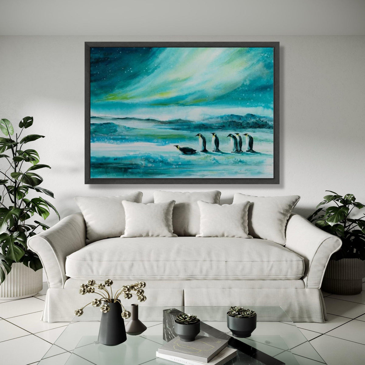 Arctic Penguin Scene Canvas, Northern Lights Wall Art, Winter Landscape Painting, Nature Wildlife Canvas, Home Gift Art, Home Decor, Print
