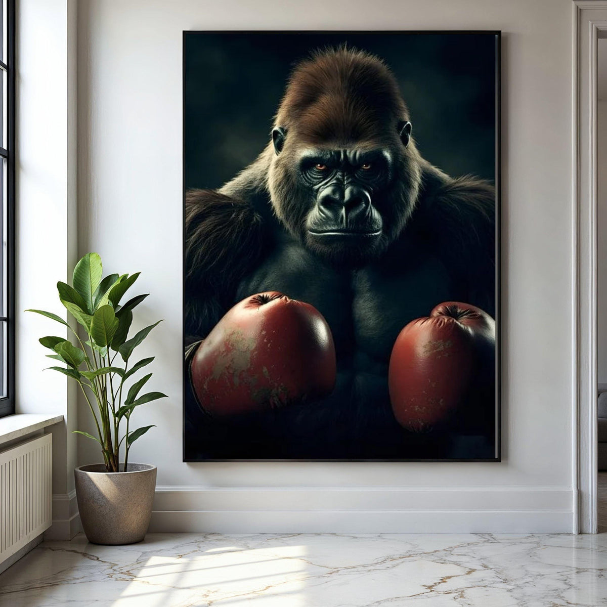 Powerful Gorilla with Boxing Gloves Canvas, Animal Wall Art, Wildlife Canvas Decoration, Bold Jungle Art for Gift Art, Home Decor, Print
