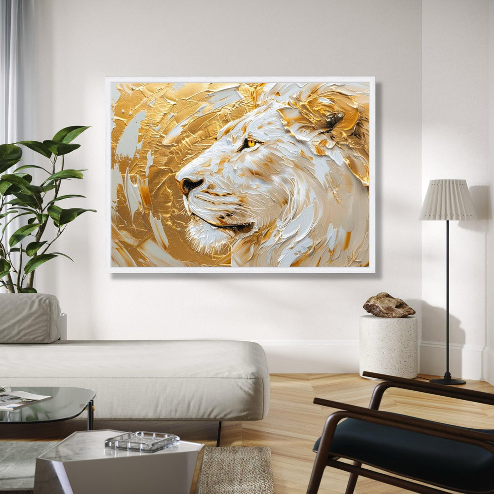 Majestic White Lion Canvas, Gold Abstract Lion Wall Art, Animal Portrait, Contemporary Wildlife Canvas, Home Gift Art, Home Decor, Print