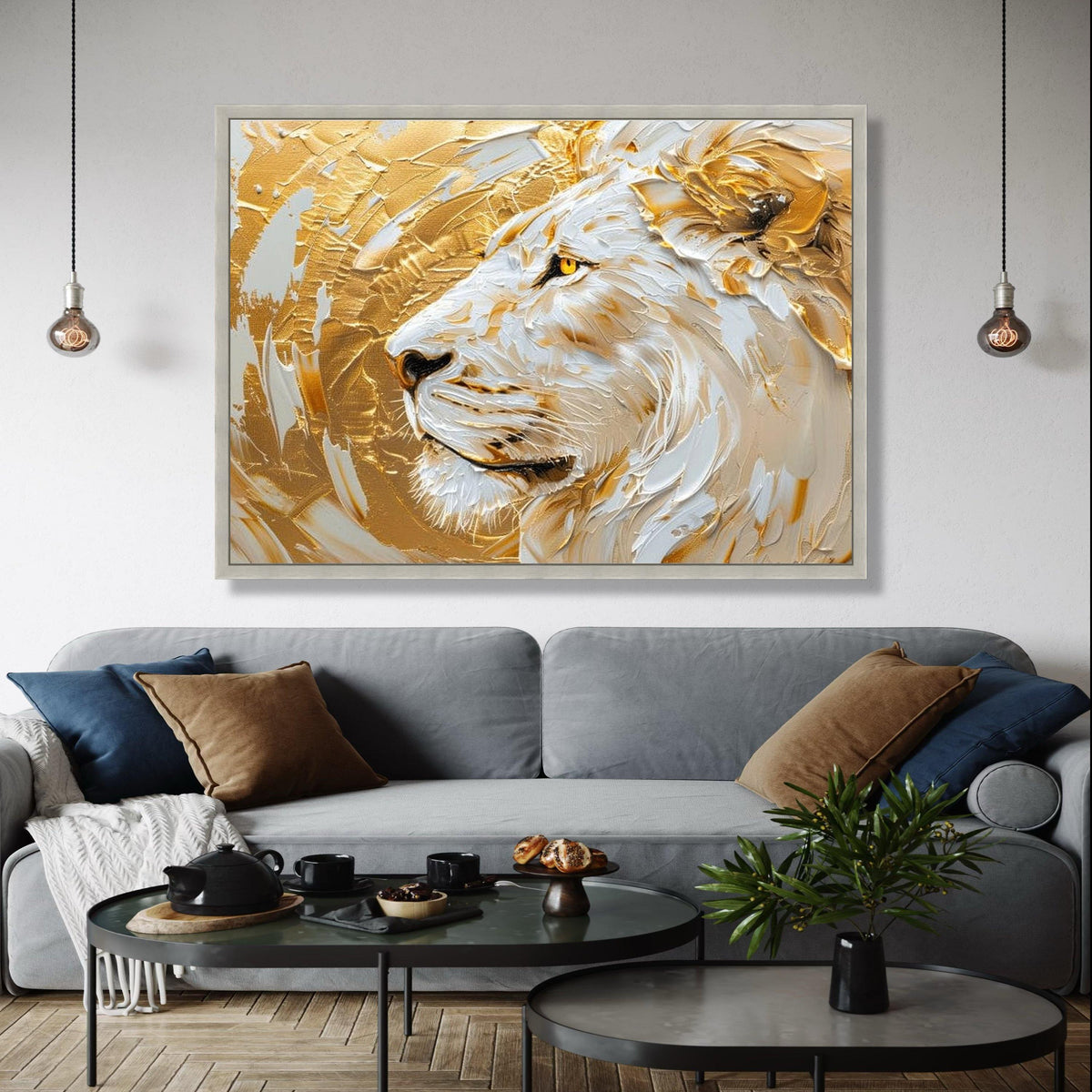 Majestic White Lion Canvas, Gold Abstract Lion Wall Art, Animal Portrait, Contemporary Wildlife Canvas, Home Gift Art, Home Decor, Print
