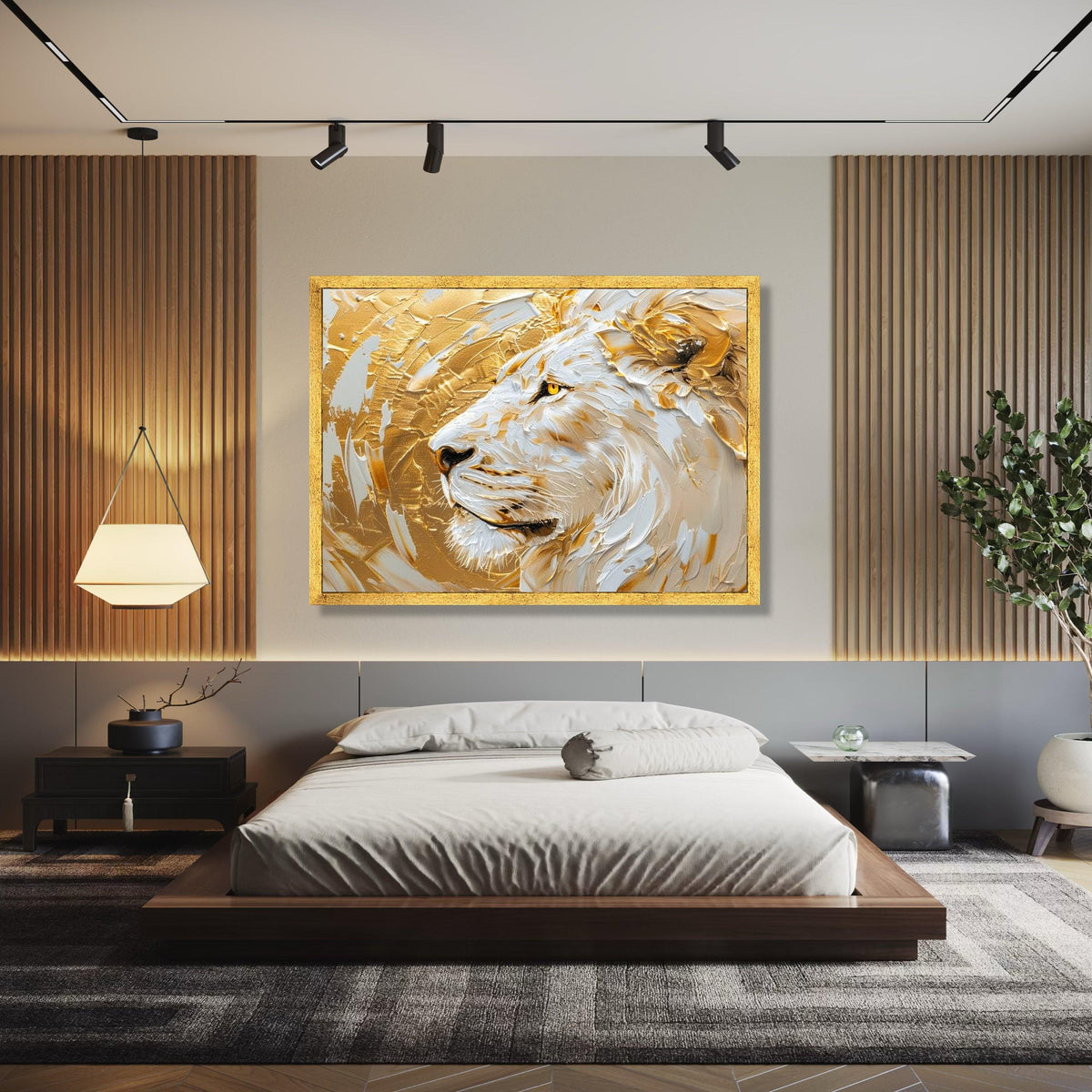 Majestic White Lion Canvas, Gold Abstract Lion Wall Art, Animal Portrait, Contemporary Wildlife Canvas, Home Gift Art, Home Decor, Print