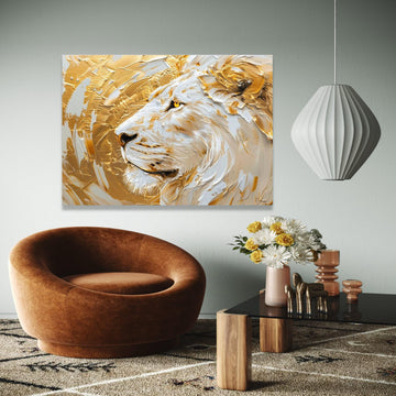 Majestic White Lion Canvas, Gold Abstract Lion Wall Art, Animal Portrait, Contemporary Wildlife Canvas, Home Gift Art, Home Decor, Print