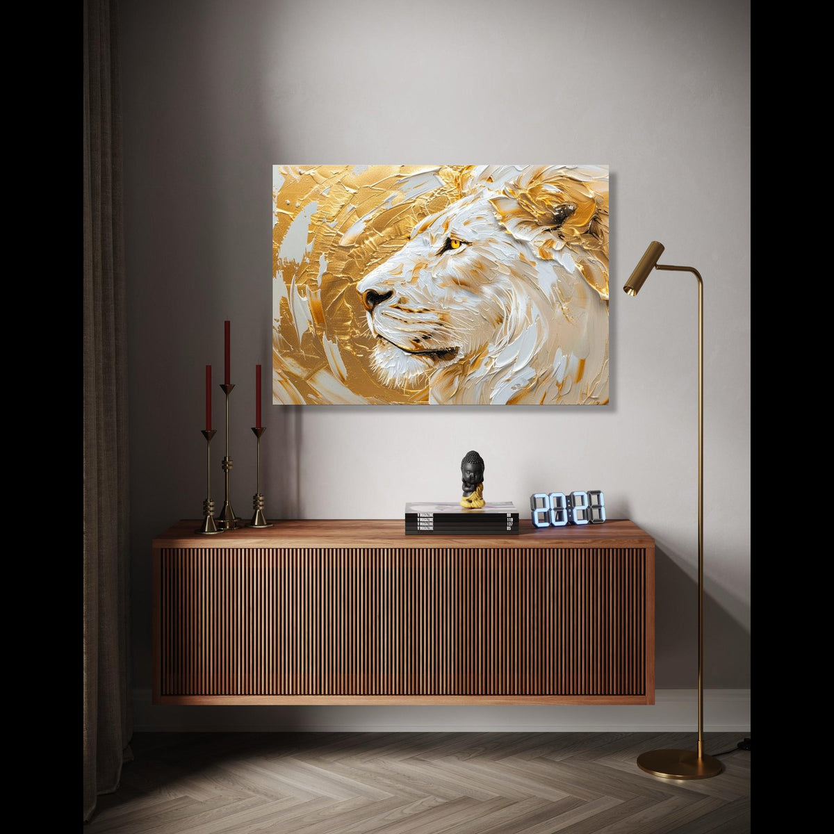 Majestic White Lion Canvas, Gold Abstract Lion Wall Art, Animal Portrait, Contemporary Wildlife Canvas, Home Gift Art, Home Decor, Print