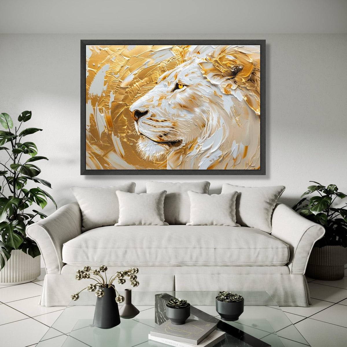 Majestic White Lion Canvas, Gold Abstract Lion Wall Art, Animal Portrait, Contemporary Wildlife Canvas, Home Gift Art, Home Decor, Print
