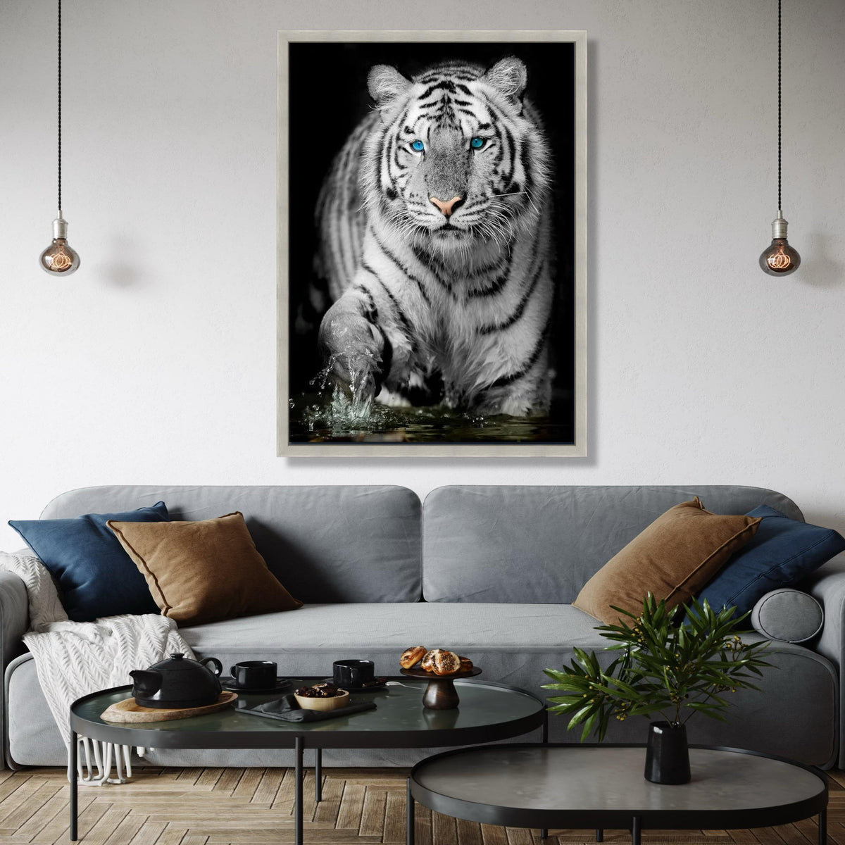 Majestic White Tiger with Blue Eyes Canvas, Wildlife Animal Wall Art, Exotic Jungle Decoration, Fierce Predator Gift Art, Home Decor, Print
