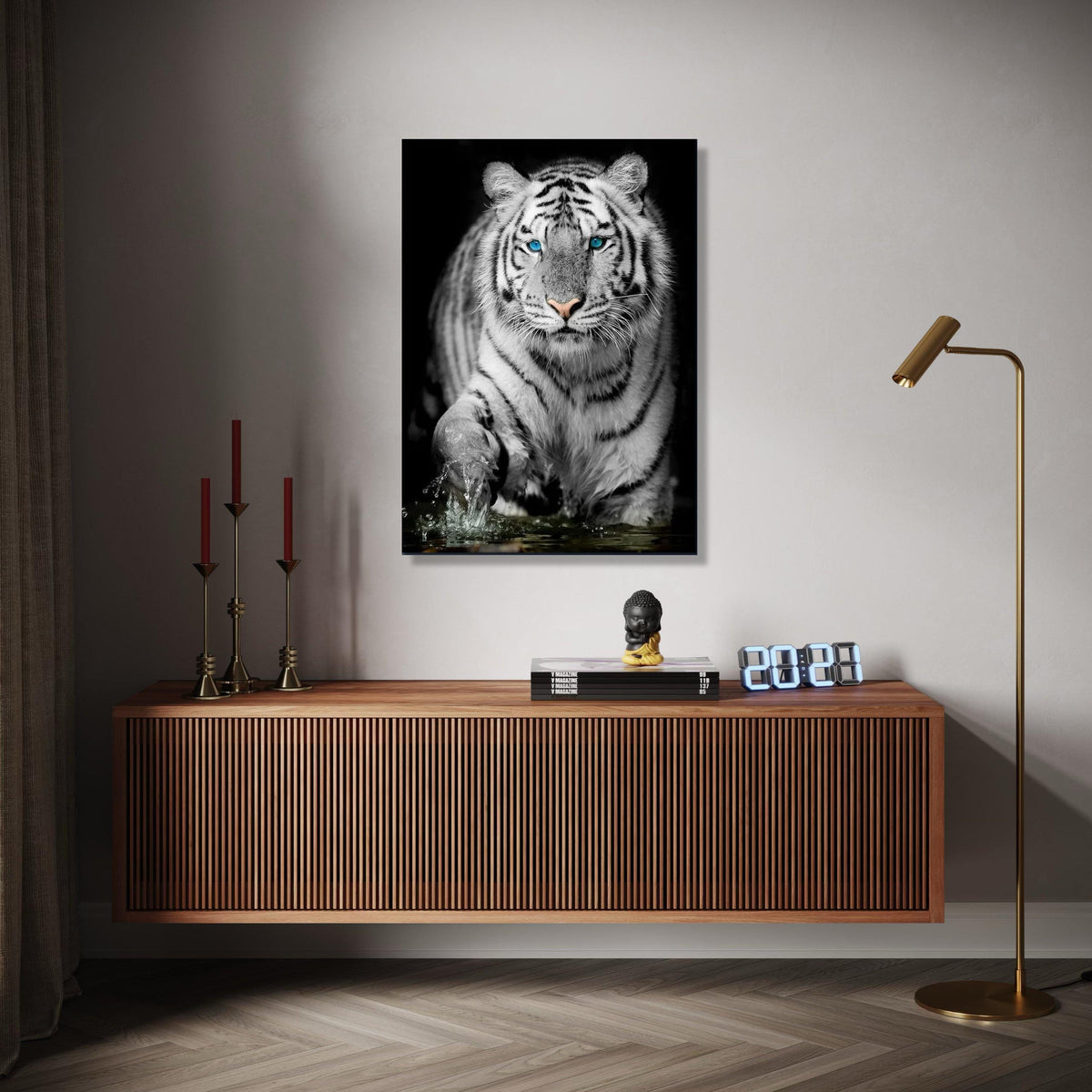 Majestic White Tiger with Blue Eyes Canvas, Wildlife Animal Wall Art, Exotic Jungle Decoration, Fierce Predator Gift Art, Home Decor, Print