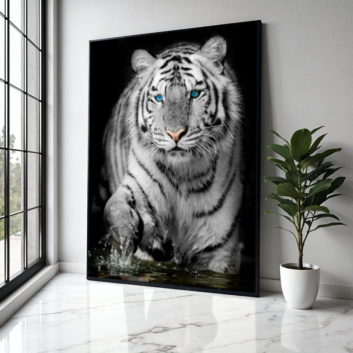 Majestic White Tiger with Blue Eyes Canvas, Wildlife Animal Wall Art, Exotic Jungle Decoration, Fierce Predator Gift Art, Home Decor, Print
