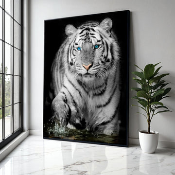 Majestic White Tiger with Blue Eyes Canvas, Wildlife Animal Wall Art, Exotic Jungle Decoration, Fierce Predator Gift Art, Home Decor, Print