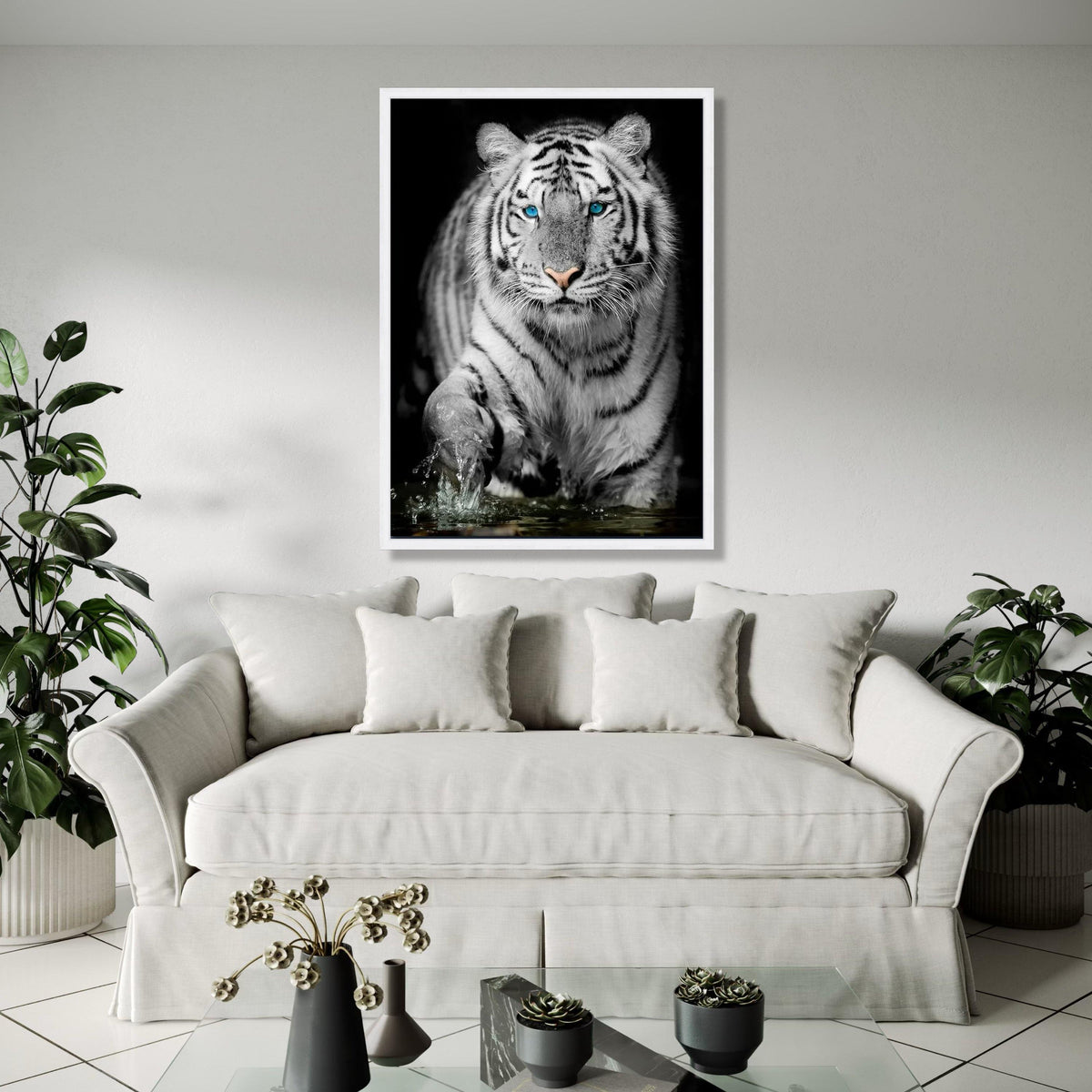 Majestic White Tiger with Blue Eyes Canvas, Wildlife Animal Wall Art, Exotic Jungle Decoration, Fierce Predator Gift Art, Home Decor, Print