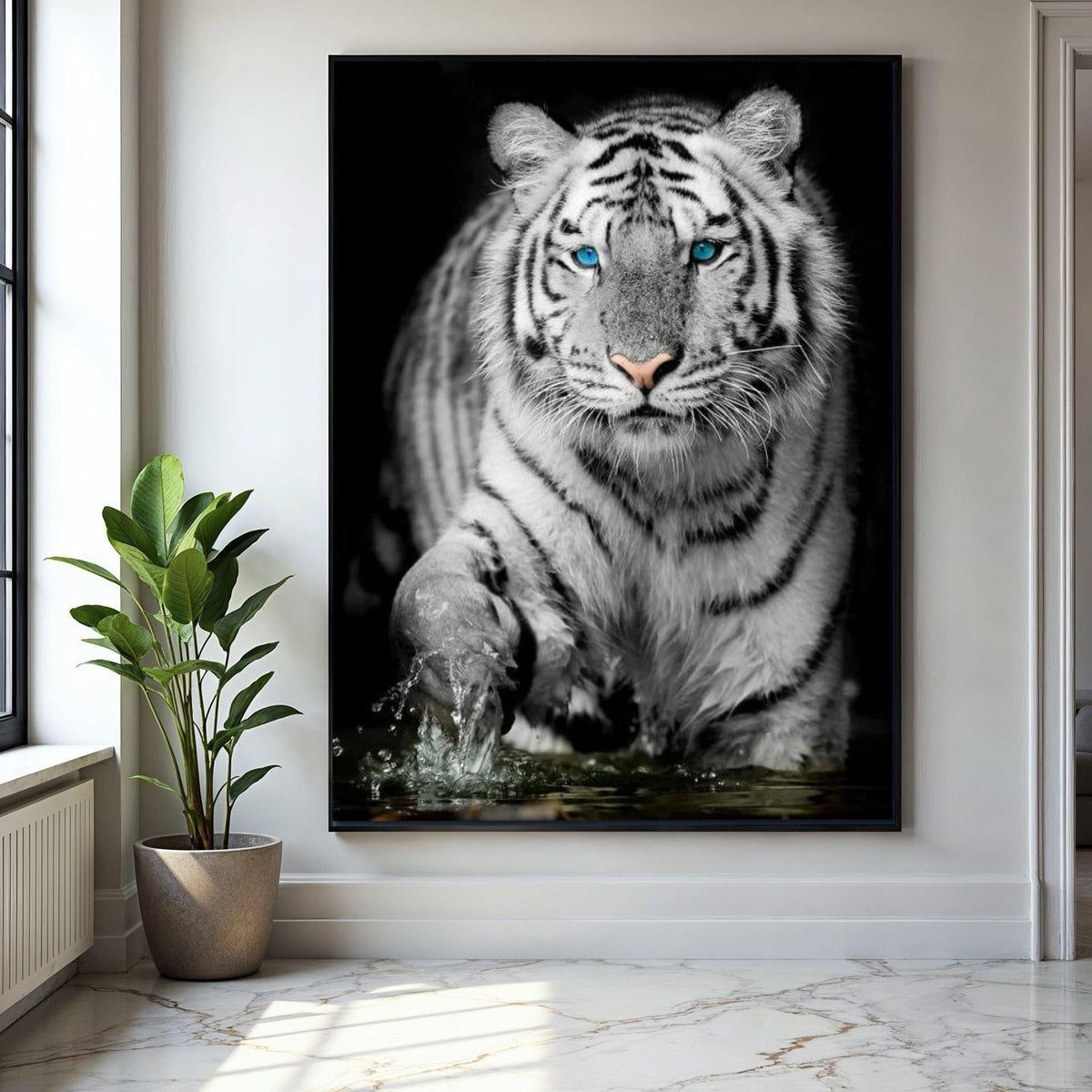Majestic White Tiger with Blue Eyes Canvas, Wildlife Animal Wall Art, Exotic Jungle Decoration, Fierce Predator Gift Art, Home Decor, Print