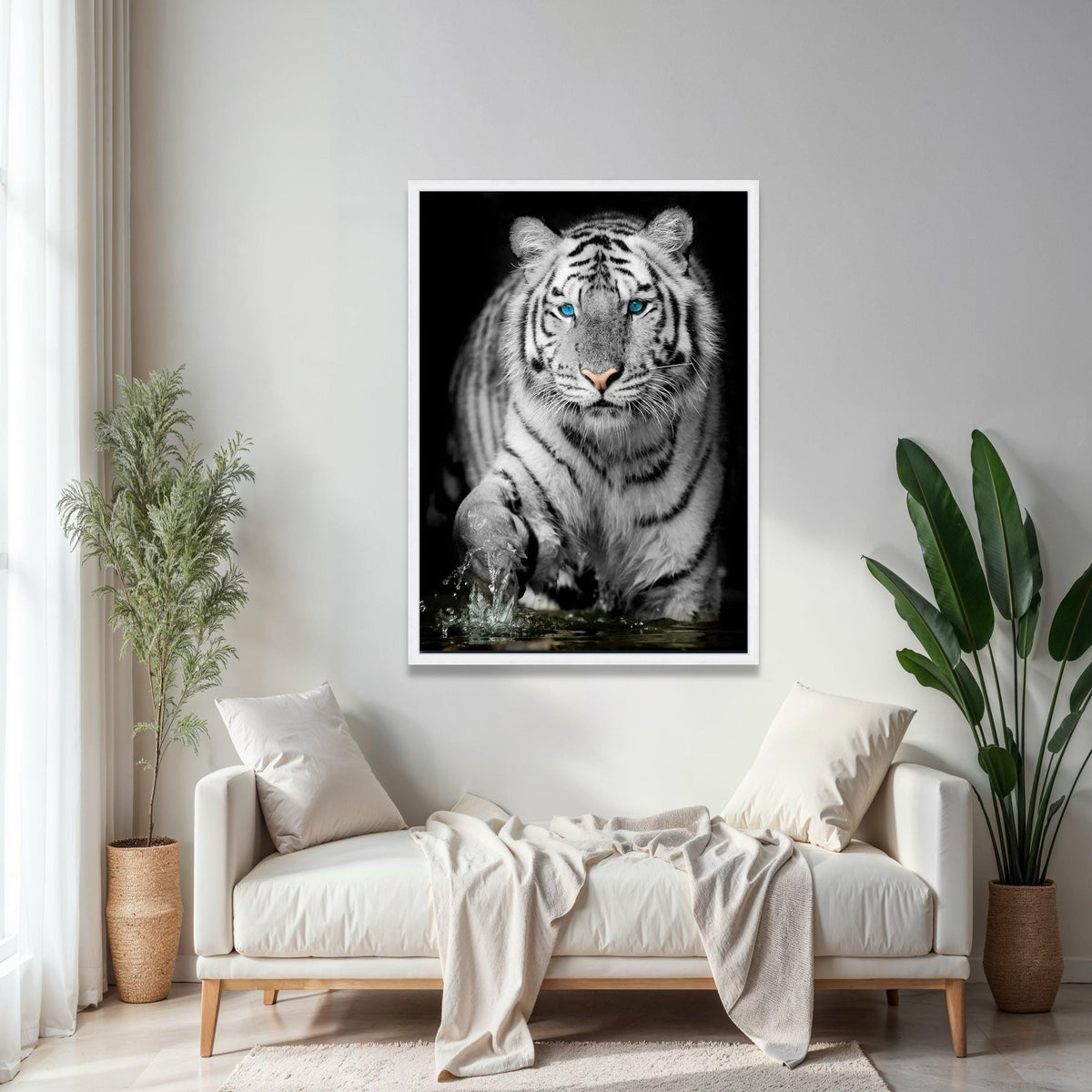 Majestic White Tiger with Blue Eyes Canvas, Wildlife Animal Wall Art, Exotic Jungle Decoration, Fierce Predator Gift Art, Home Decor, Print