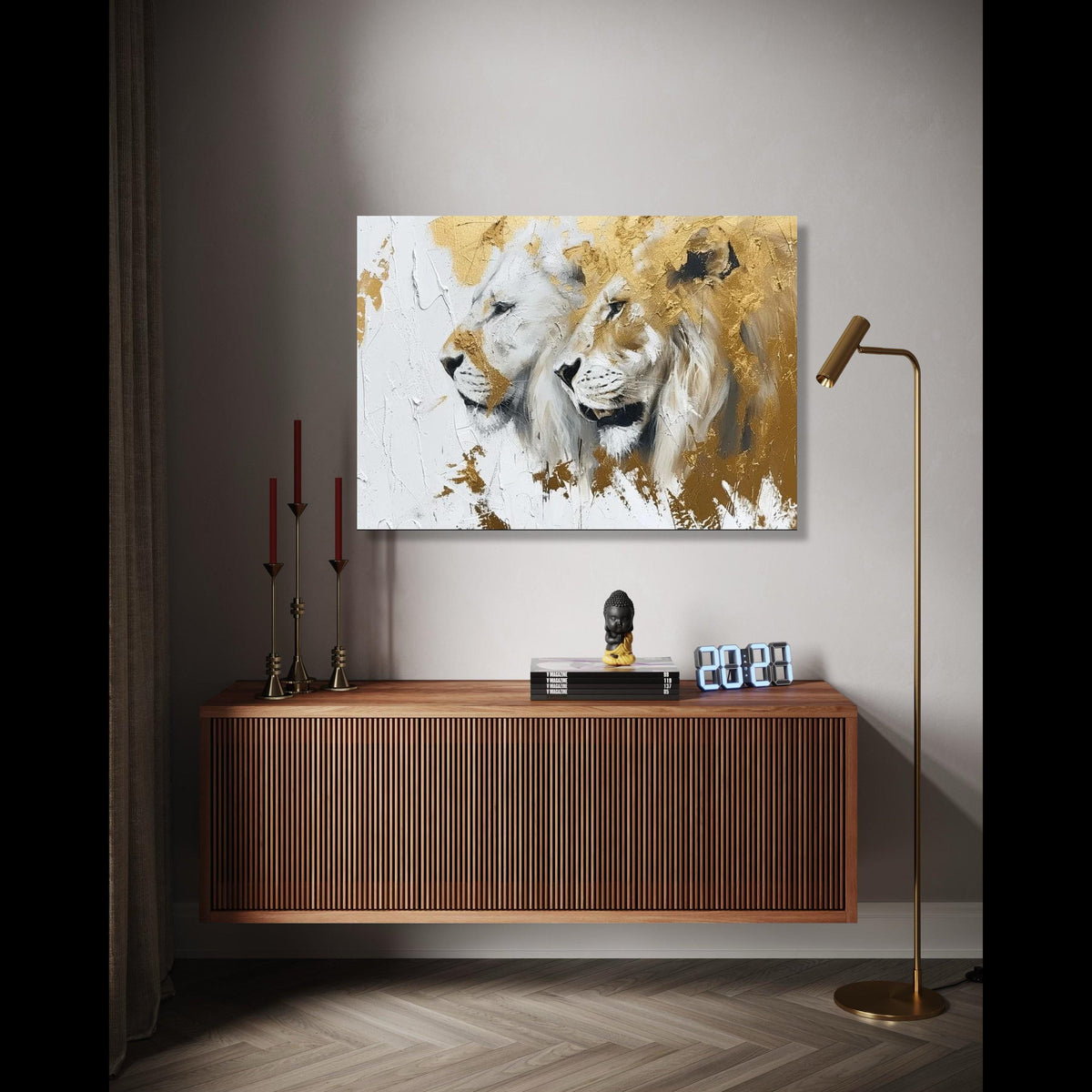 Majestic Lions Canvas Wall Art, Gold Accent Animal Painting, Wildlife Decor, Canvas Art, Safari Wall Decoration, Gift Art, Home Decor, Print