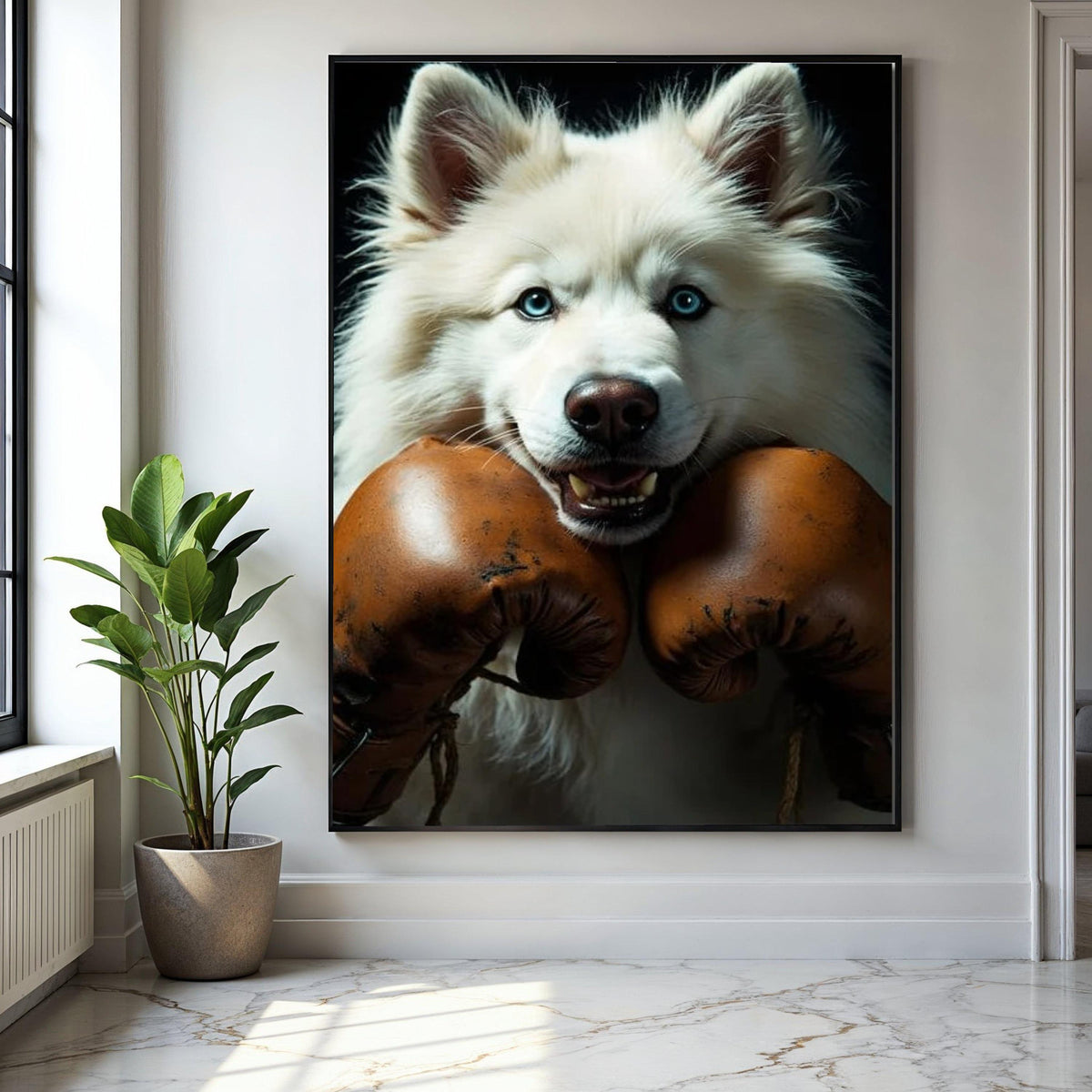 Playful Husky with Vintage Boxing Gloves Canvas, Pet Portrait Wall Art, Animal Decor, Unique Canine Canvas, Fun Gift Art, Home Decor, Print