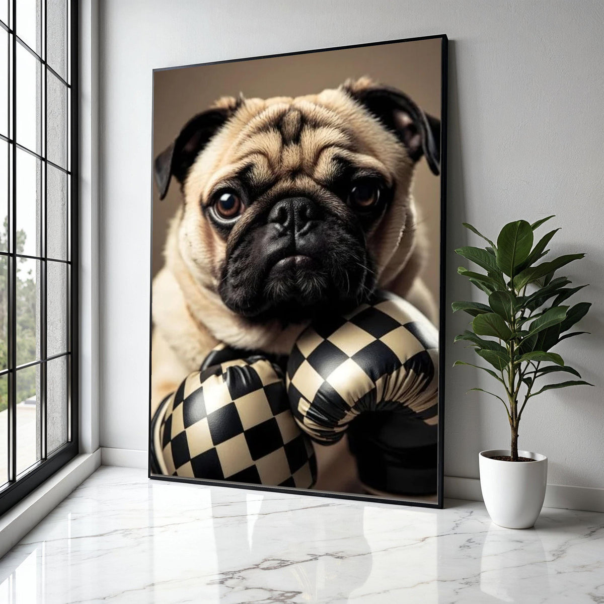 Adorable Pug with Checkerboard Boxing Gloves Canvas, Cute Dog Wall Art, Playful Pet Portrait, Animal Canvas Gift Art, Home Decor, Print