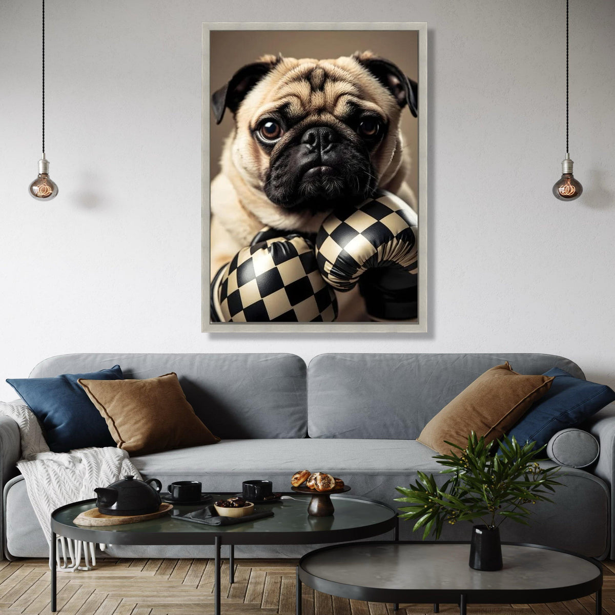 Adorable Pug with Checkerboard Boxing Gloves Canvas, Cute Dog Wall Art, Playful Pet Portrait, Animal Canvas Gift Art, Home Decor, Print