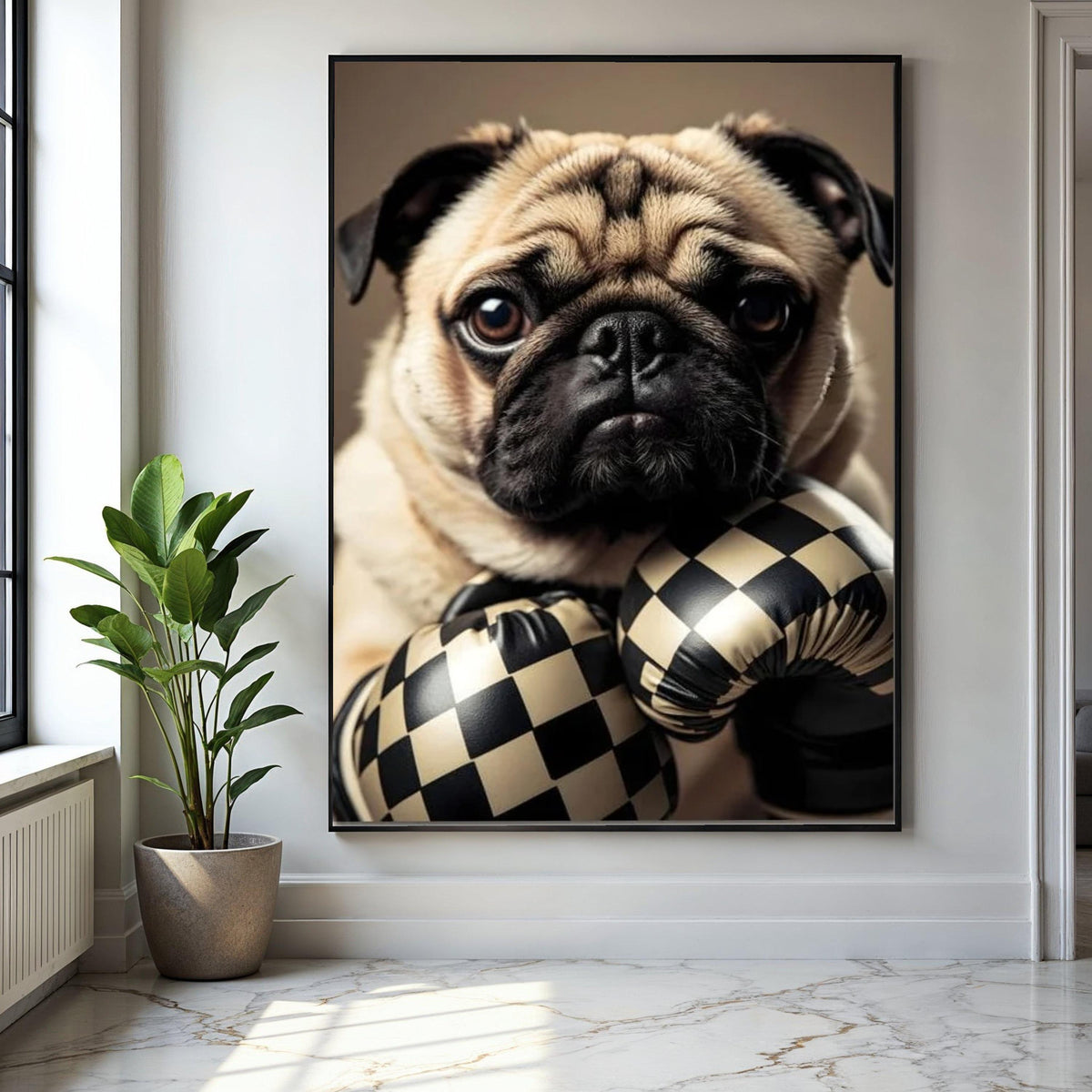 Adorable Pug with Checkerboard Boxing Gloves Canvas, Cute Dog Wall Art, Playful Pet Portrait, Animal Canvas Gift Art, Home Decor, Print
