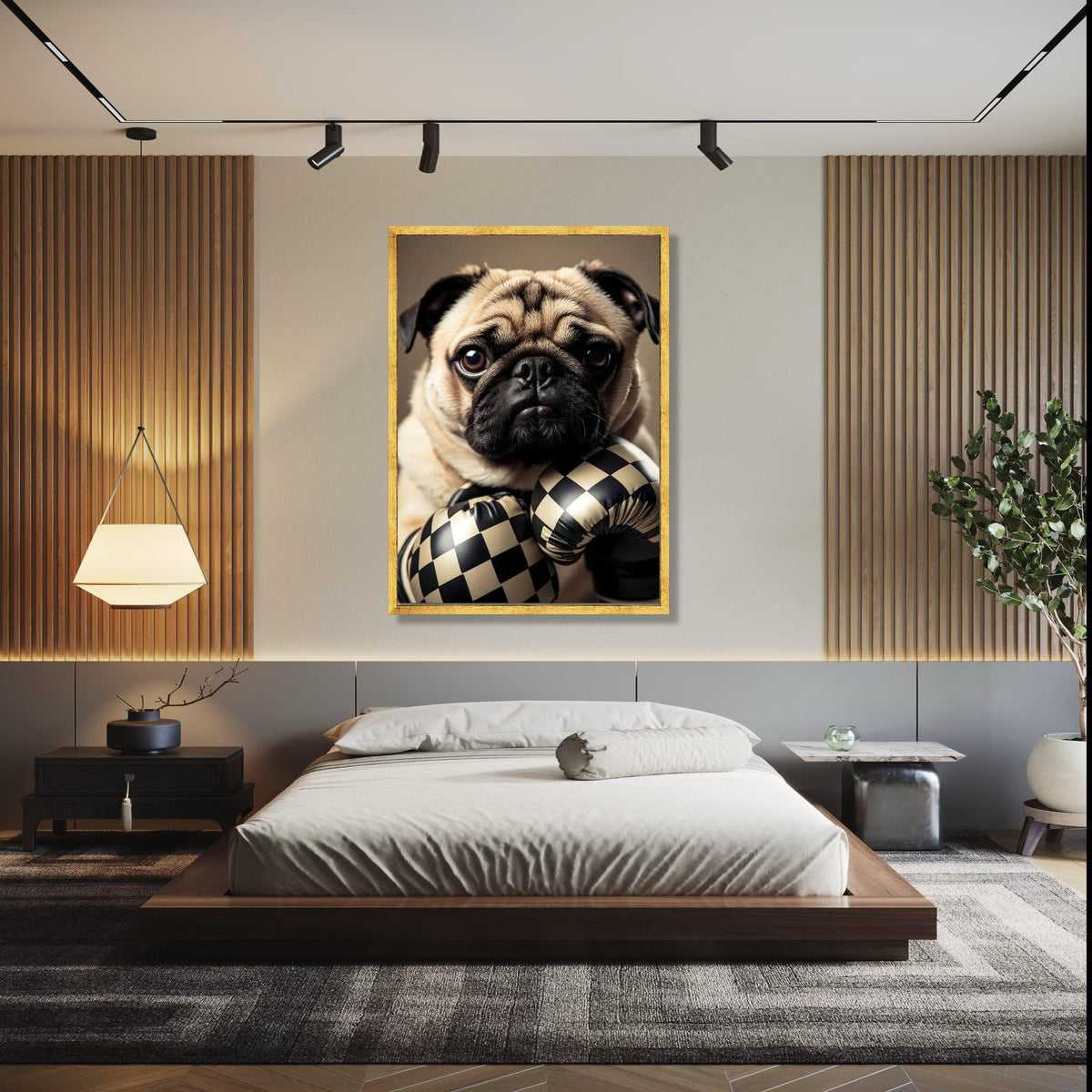 Adorable Pug with Checkerboard Boxing Gloves Canvas, Cute Dog Wall Art, Playful Pet Portrait, Animal Canvas Gift Art, Home Decor, Print