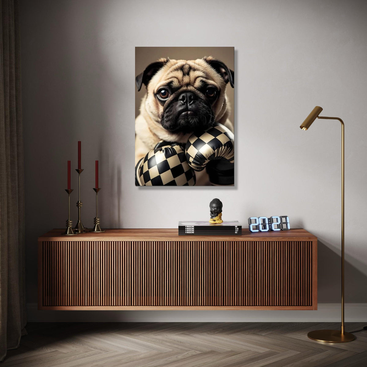Adorable Pug with Checkerboard Boxing Gloves Canvas, Cute Dog Wall Art, Playful Pet Portrait, Animal Canvas Gift Art, Home Decor, Print
