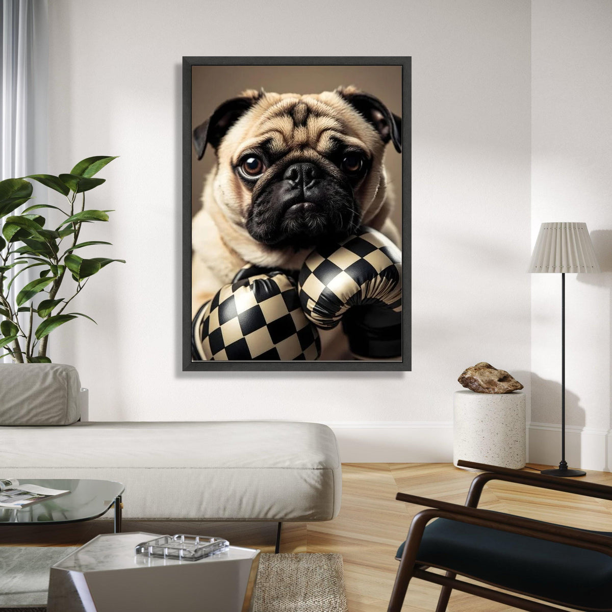 Adorable Pug with Checkerboard Boxing Gloves Canvas, Cute Dog Wall Art, Playful Pet Portrait, Animal Canvas Gift Art, Home Decor, Print