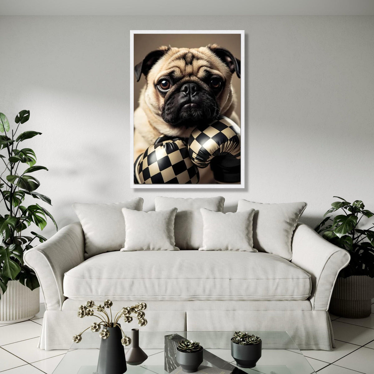 Adorable Pug with Checkerboard Boxing Gloves Canvas, Cute Dog Wall Art, Playful Pet Portrait, Animal Canvas Gift Art, Home Decor, Print