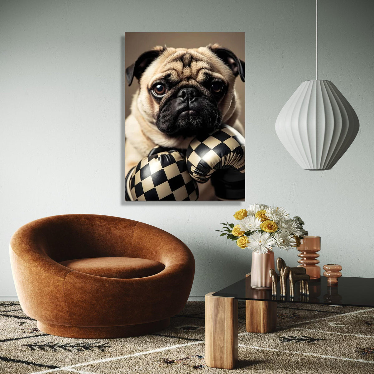 Adorable Pug with Checkerboard Boxing Gloves Canvas, Cute Dog Wall Art, Playful Pet Portrait, Animal Canvas Gift Art, Home Decor, Print