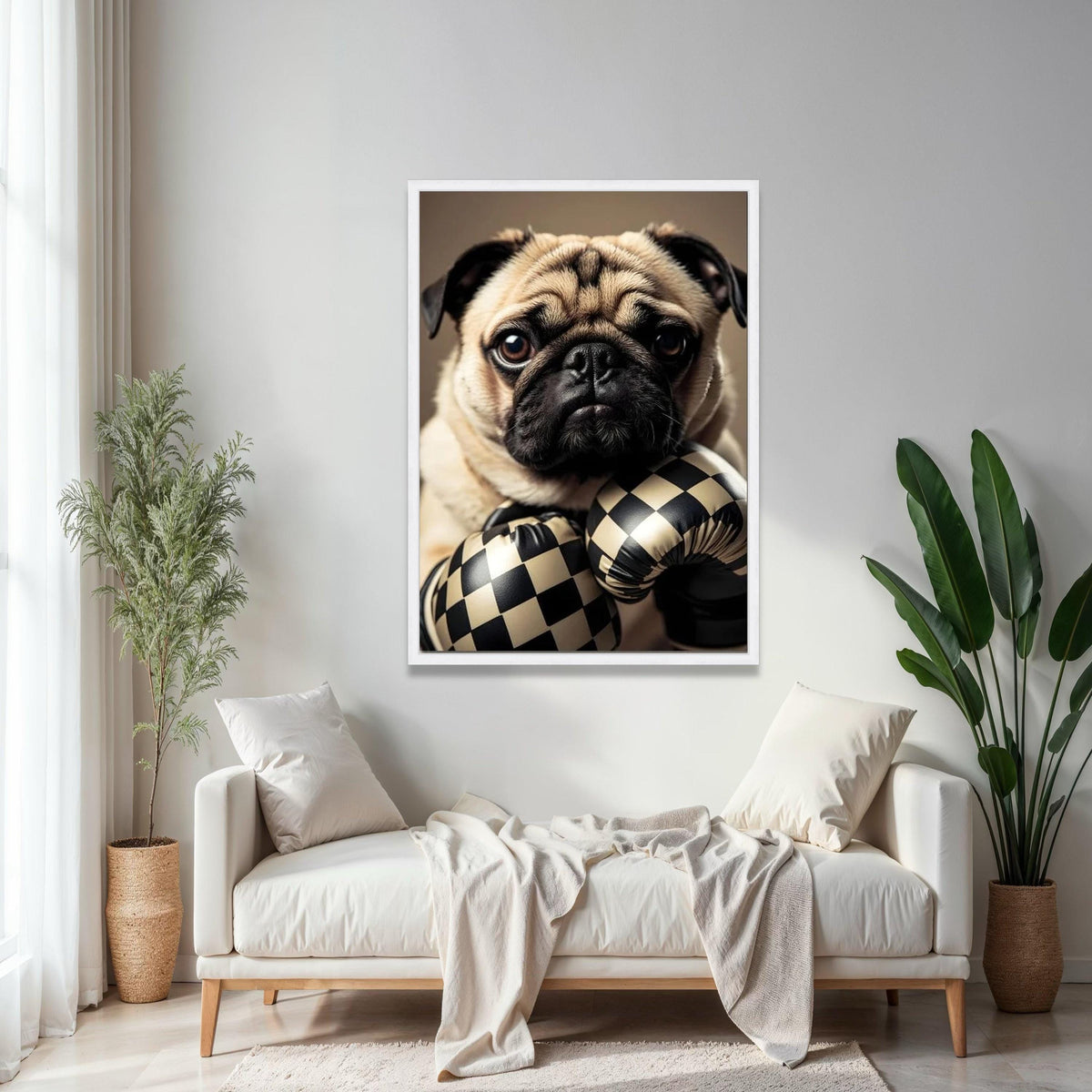 Adorable Pug with Checkerboard Boxing Gloves Canvas, Cute Dog Wall Art, Playful Pet Portrait, Animal Canvas Gift Art, Home Decor, Print