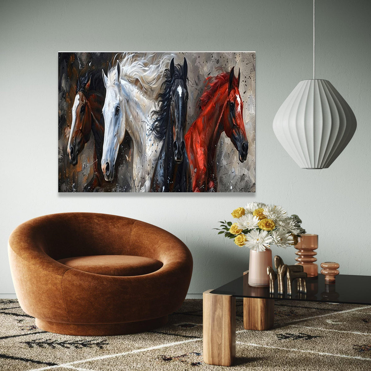 Galloping Horses Canvas Wall Art, Four Horse Painting, Animal Nature Canvas, Rustic Home Decor, Dynamic Gift Art, Home Decor, Print