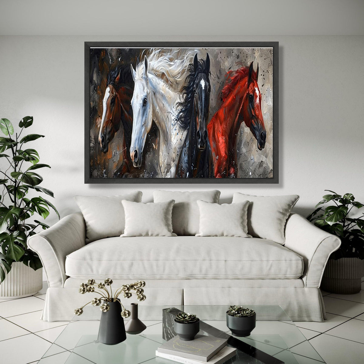 Galloping Horses Canvas Wall Art, Four Horse Painting, Animal Nature Canvas, Rustic Home Decor, Dynamic Gift Art, Home Decor, Print
