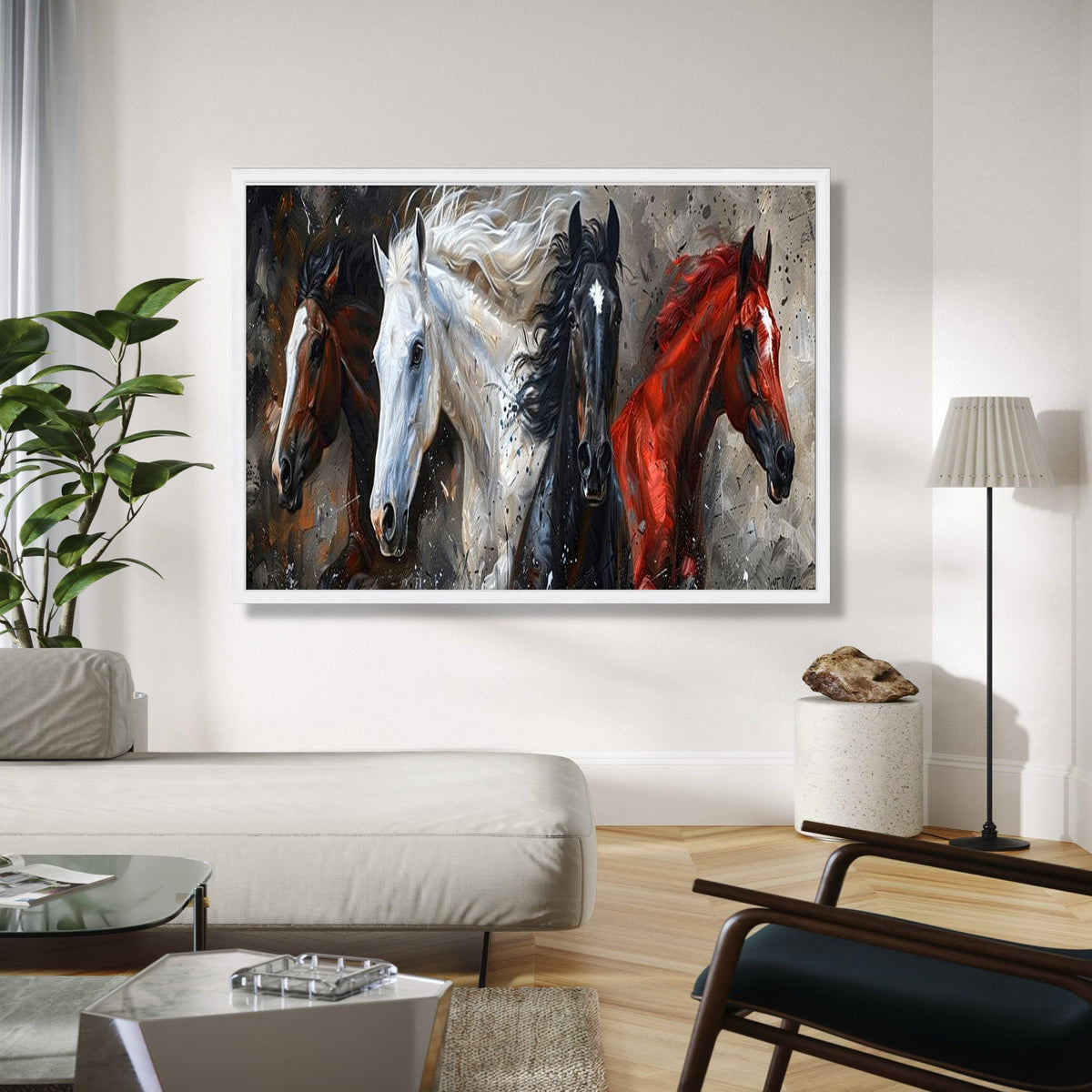 Galloping Horses Canvas Wall Art, Four Horse Painting, Animal Nature Canvas, Rustic Home Decor, Dynamic Gift Art, Home Decor, Print