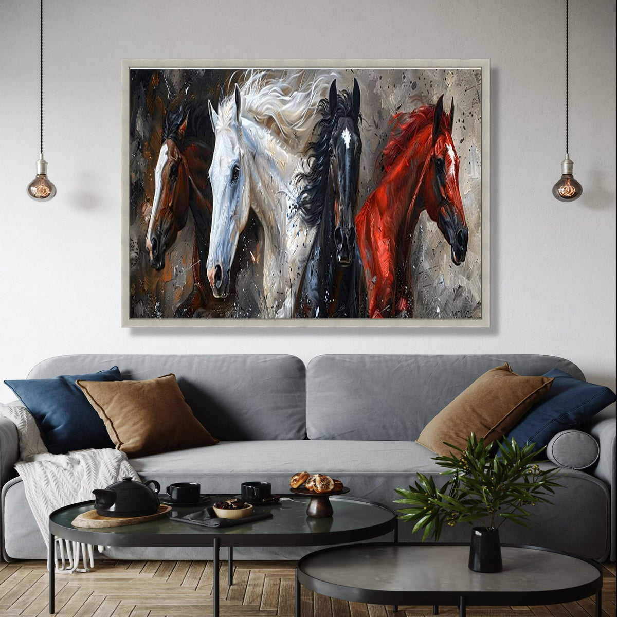 Galloping Horses Canvas Wall Art, Four Horse Painting, Animal Nature Canvas, Rustic Home Decor, Dynamic Gift Art, Home Decor, Print
