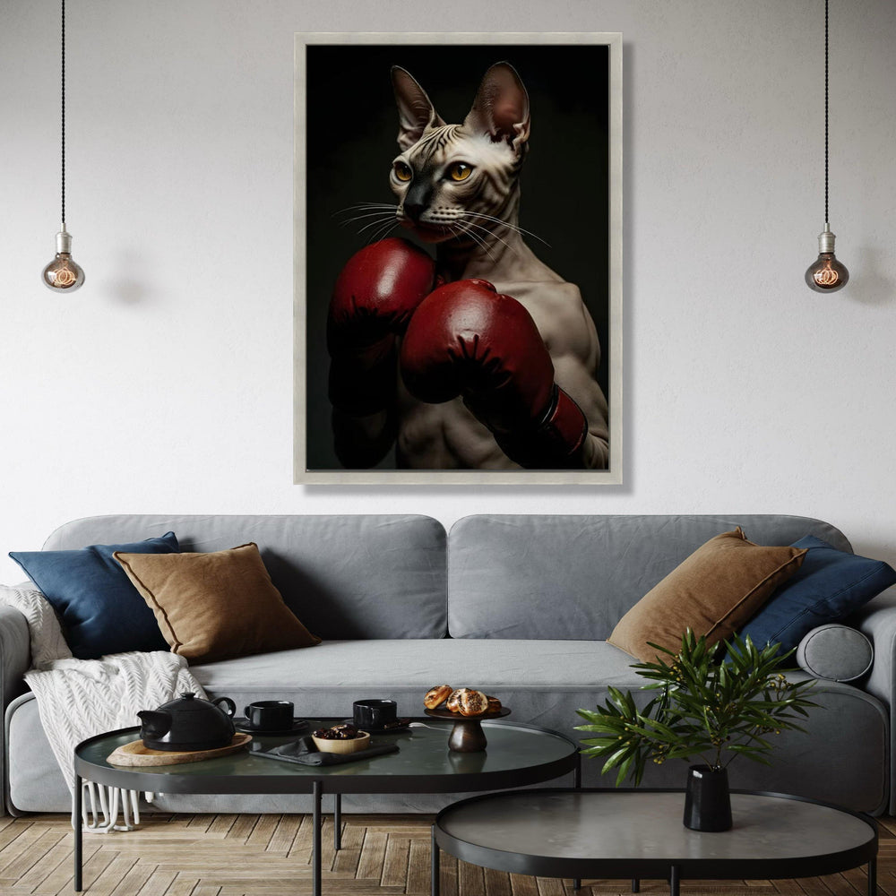 Sphynx Cat Boxer Canvas Wall Art, Unique Animal Portrait, Sports Theme Wall Decor, Boxing Gloves Artwork, Modern Gift Art, Home Decor, Print