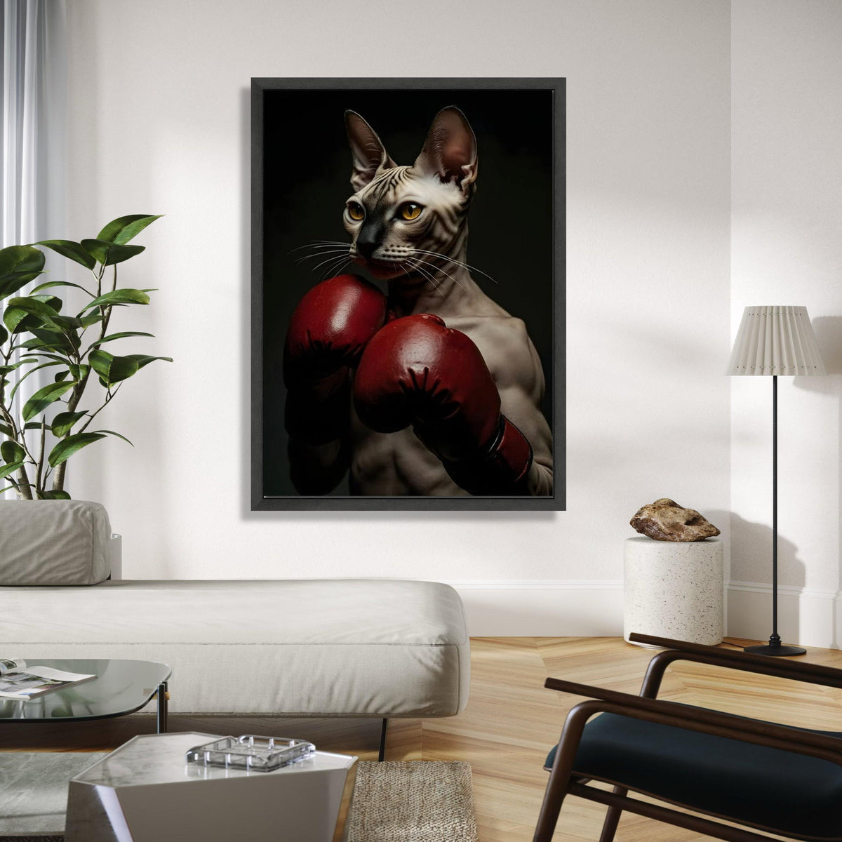 Sphynx Cat Boxer Canvas Wall Art, Unique Animal Portrait, Sports Theme Wall Decor, Boxing Gloves Artwork, Modern Gift Art, Home Decor, Print