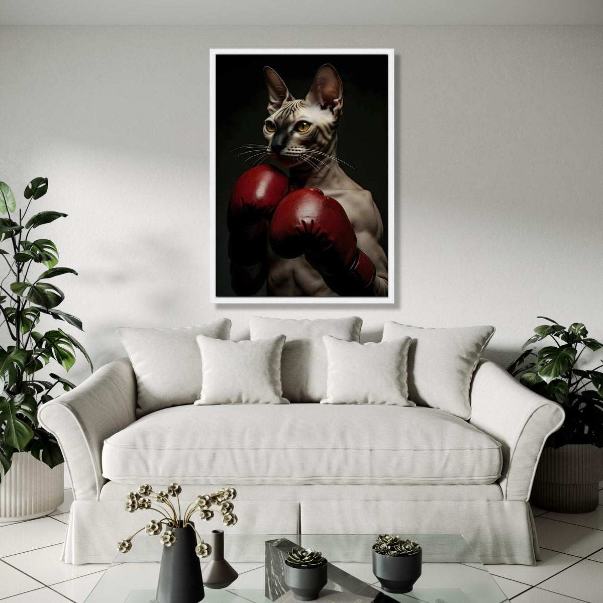 Sphynx Cat Boxer Canvas Wall Art, Unique Animal Portrait, Sports Theme Wall Decor, Boxing Gloves Artwork, Modern Gift Art, Home Decor, Print