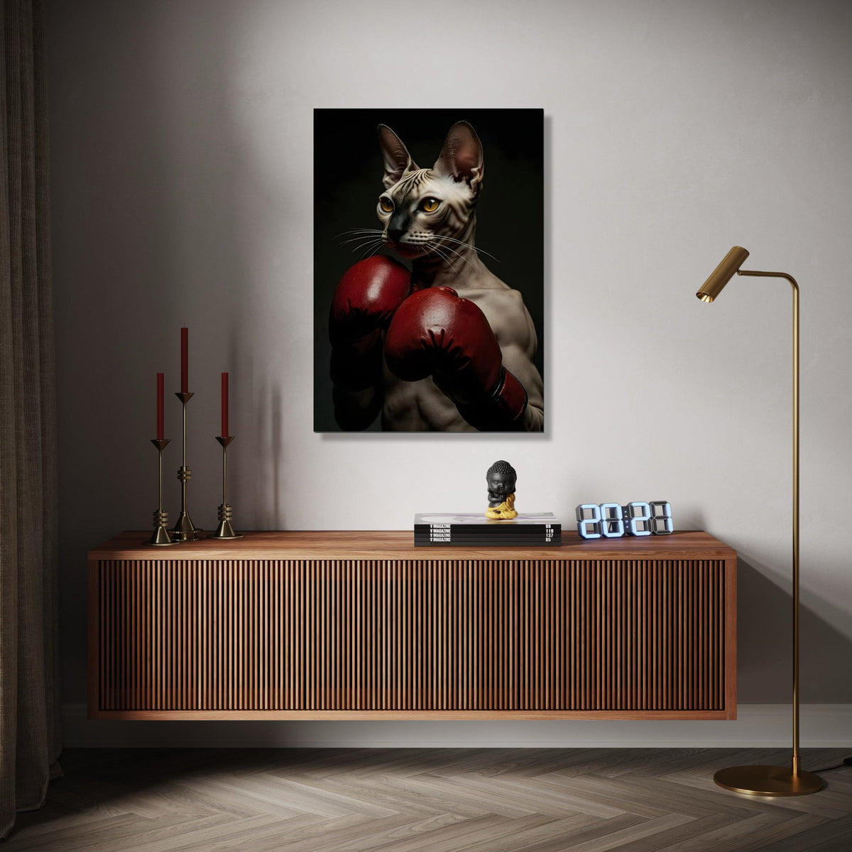 Sphynx Cat Boxer Canvas Wall Art, Unique Animal Portrait, Sports Theme Wall Decor, Boxing Gloves Artwork, Modern Gift Art, Home Decor, Print