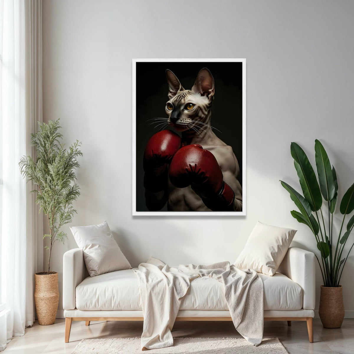 Sphynx Cat Boxer Canvas Wall Art, Unique Animal Portrait, Sports Theme Wall Decor, Boxing Gloves Artwork, Modern Gift Art, Home Decor, Print
