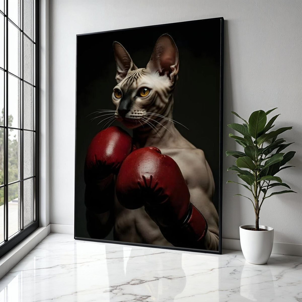 Sphynx Cat Boxer Canvas Wall Art, Unique Animal Portrait, Sports Theme Wall Decor, Boxing Gloves Artwork, Modern Gift Art, Home Decor, Print