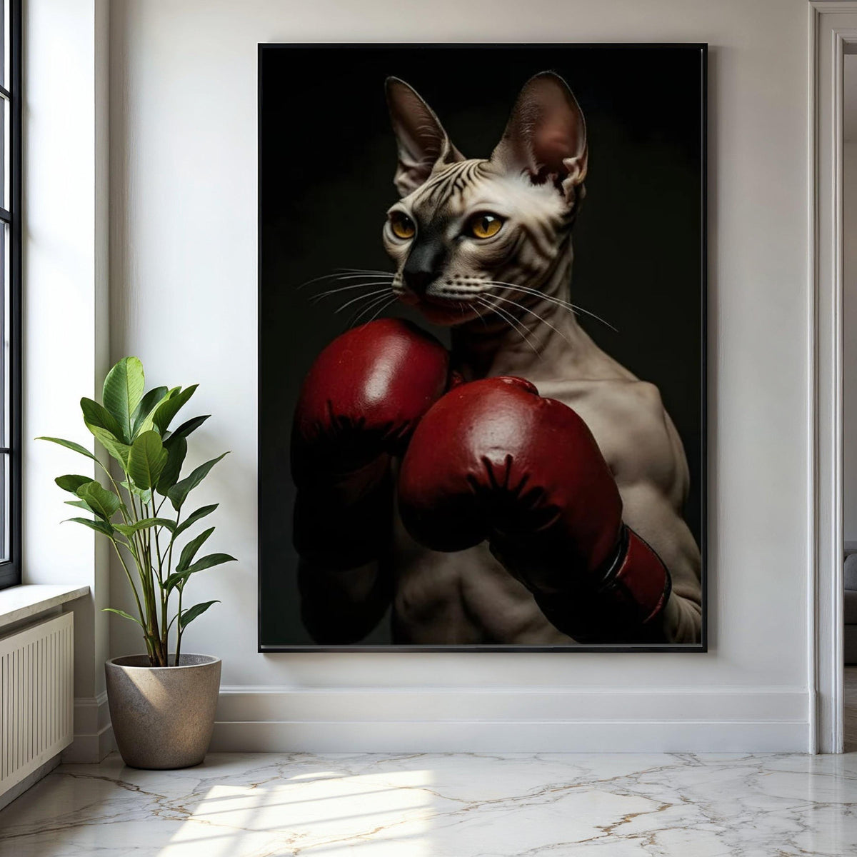 Sphynx Cat Boxer Canvas Wall Art, Unique Animal Portrait, Sports Theme Wall Decor, Boxing Gloves Artwork, Modern Gift Art, Home Decor, Print