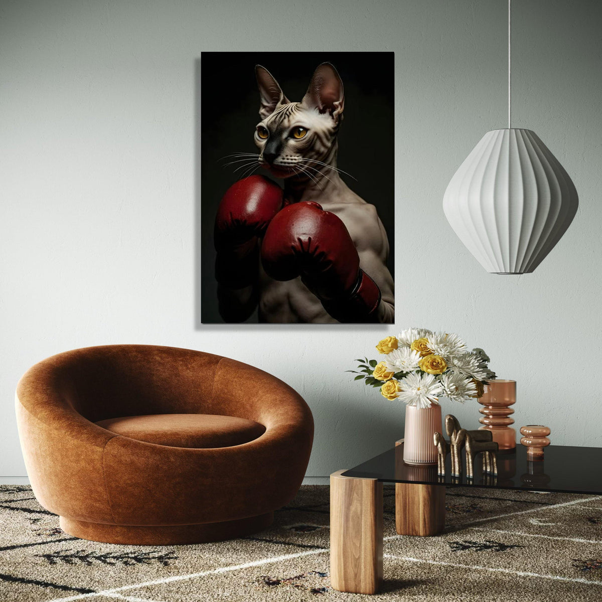 Sphynx Cat Boxer Canvas Wall Art, Unique Animal Portrait, Sports Theme Wall Decor, Boxing Gloves Artwork, Modern Gift Art, Home Decor, Print