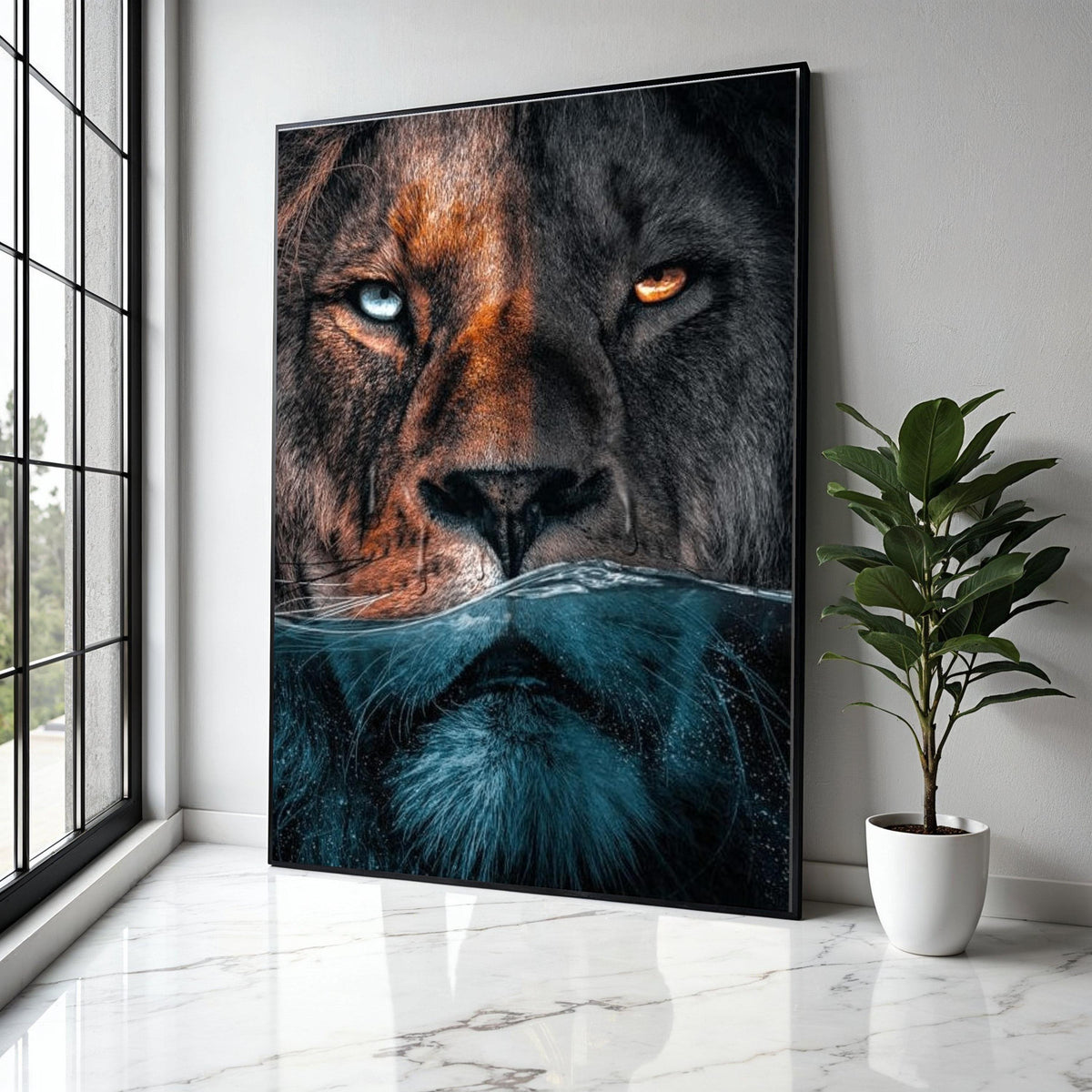 Dual Lion Face Canvas Wall Art, Half Submerged Water Effect, Animal Portrait Canvas, Wildlife Home Decor, Bold Gift Art, Home Decor, Print