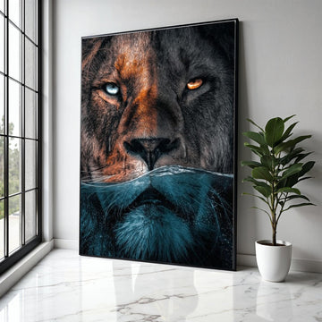 Dual Lion Face Canvas Wall Art, Half Submerged Water Effect, Animal Portrait Canvas, Wildlife Home Decor, Bold Gift Art, Home Decor, Print