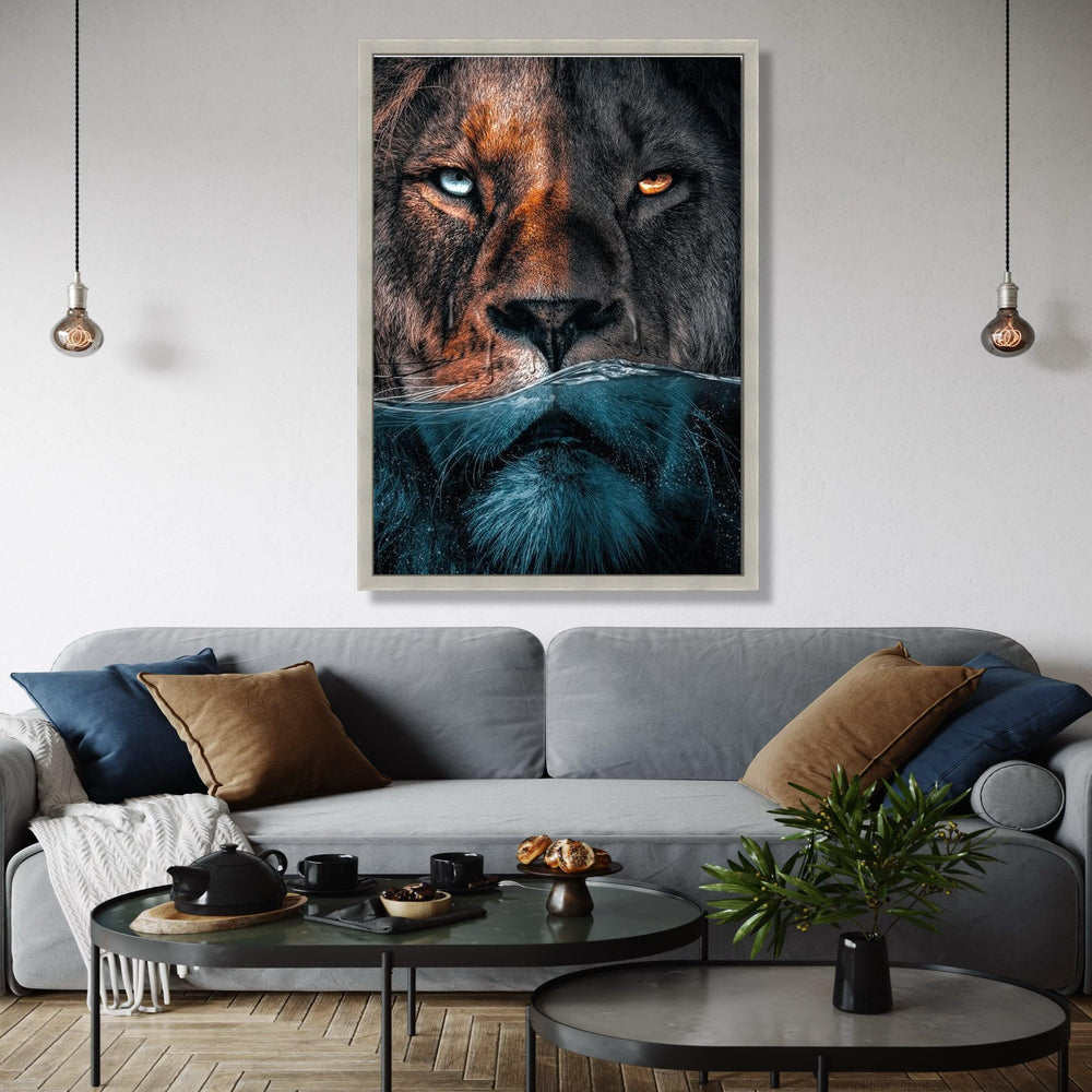 Dual Lion Face Canvas Wall Art, Half Submerged Water Effect, Animal Portrait Canvas, Wildlife Home Decor, Bold Gift Art, Home Decor, Print