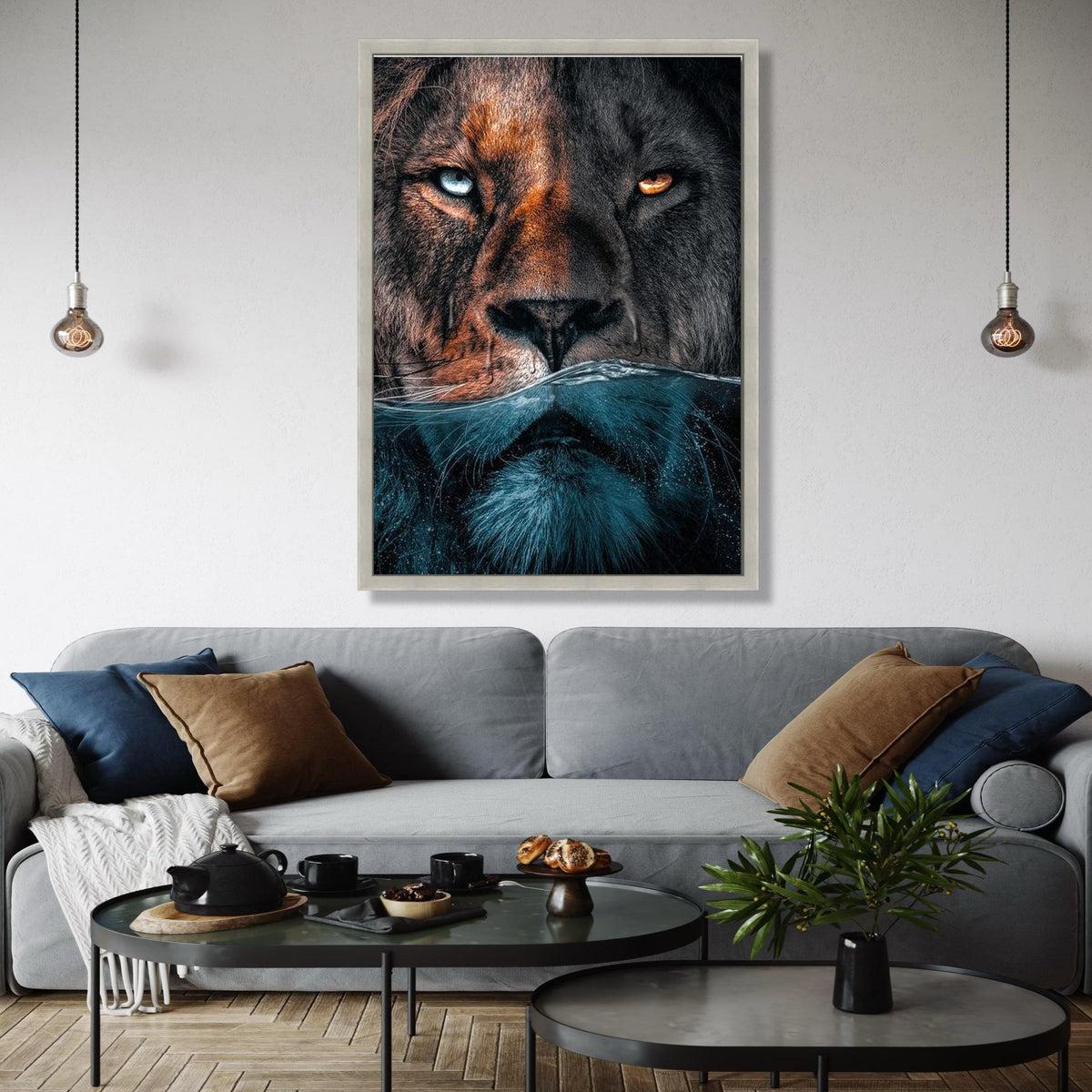 Dual Lion Face Canvas Wall Art, Half Submerged Water Effect, Animal Portrait Canvas, Wildlife Home Decor, Bold Gift Art, Home Decor, Print