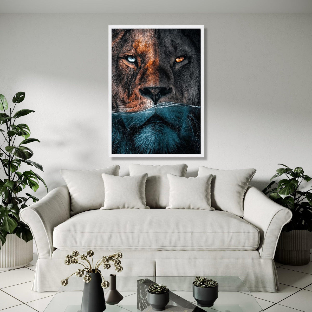 Dual Lion Face Canvas Wall Art, Half Submerged Water Effect, Animal Portrait Canvas, Wildlife Home Decor, Bold Gift Art, Home Decor, Print
